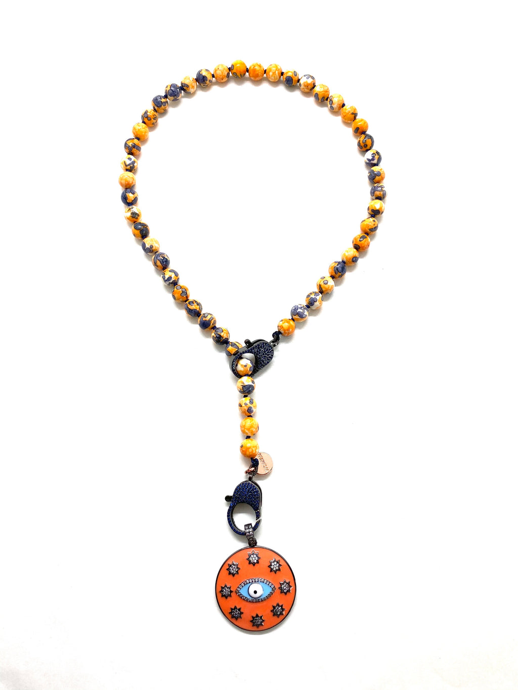 Yellow rainbow Gaia necklace, dark blue zirconia clips