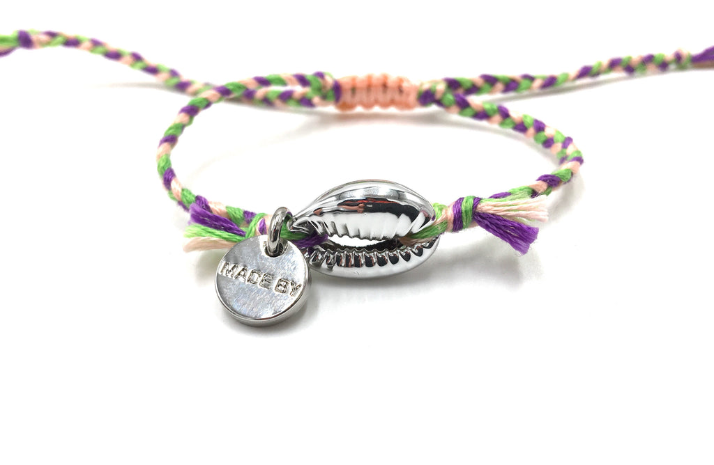 Silver shell bracelet, light pink, purple and grass green ‘cotton perlé’ braided cord