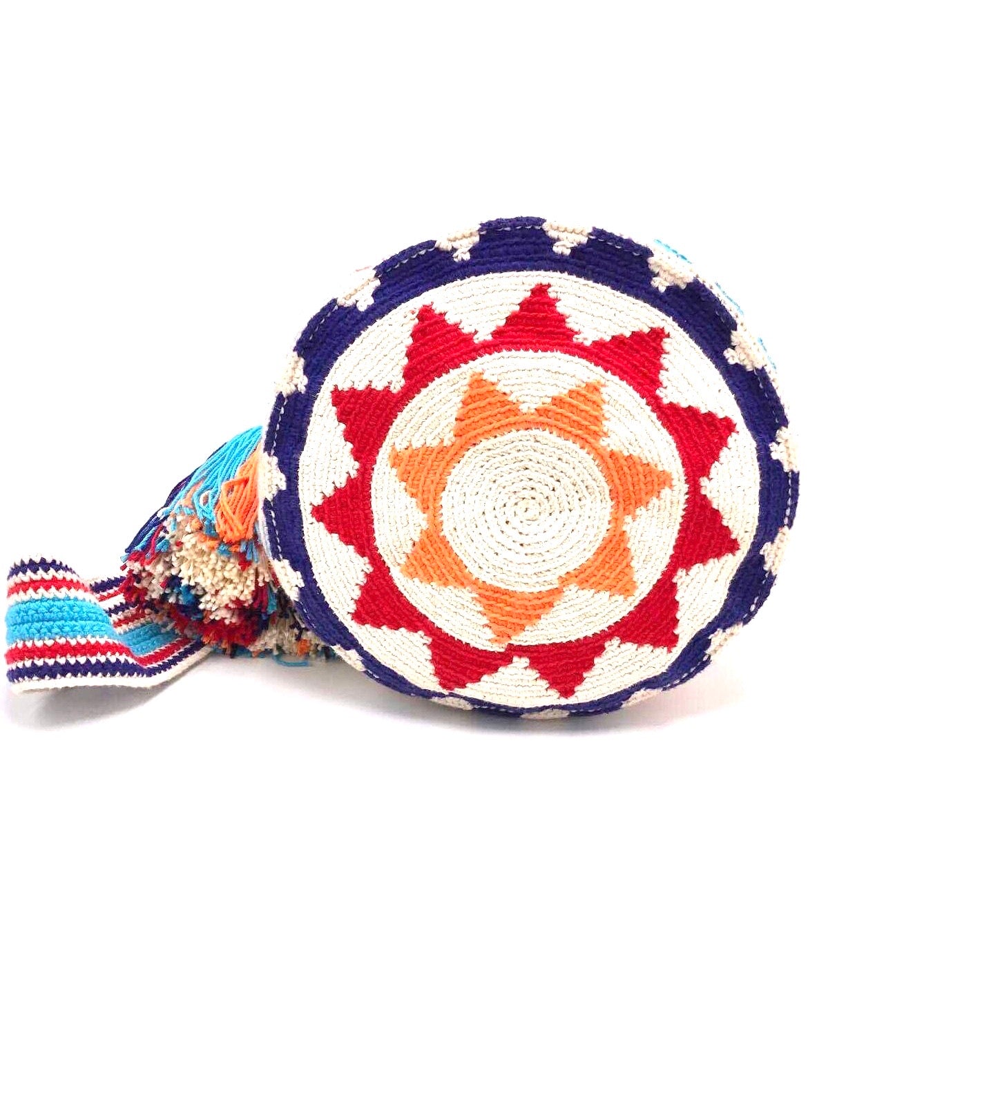 Pompom bag, blue ‘losanges’ red triangles.