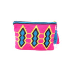 Clutch, Fluo Fuschia body, standing squares pattern, yellow and black sequence with tassel.