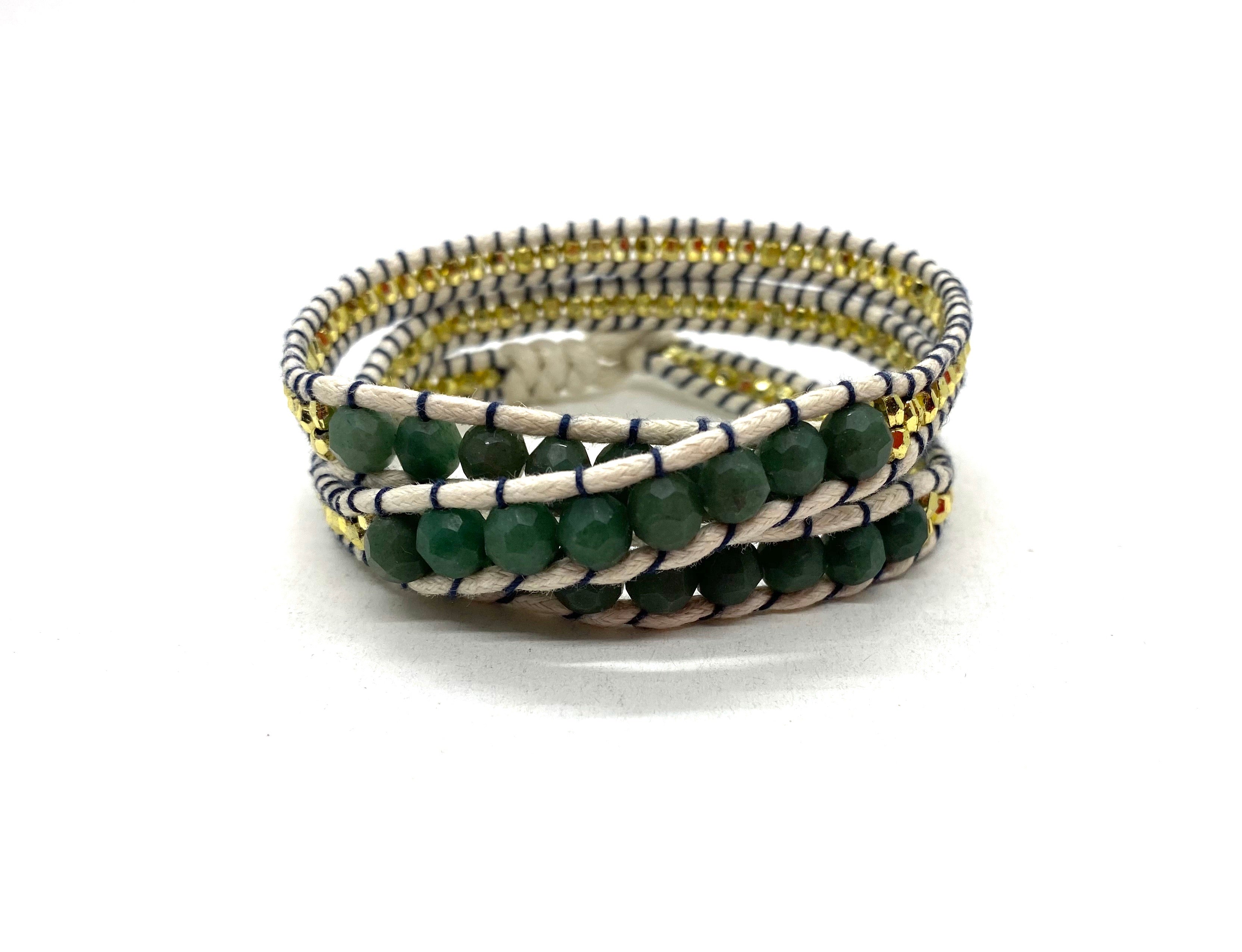 Wraparound Matt green stone bracelet, beige cord gold resin side bead on black thread