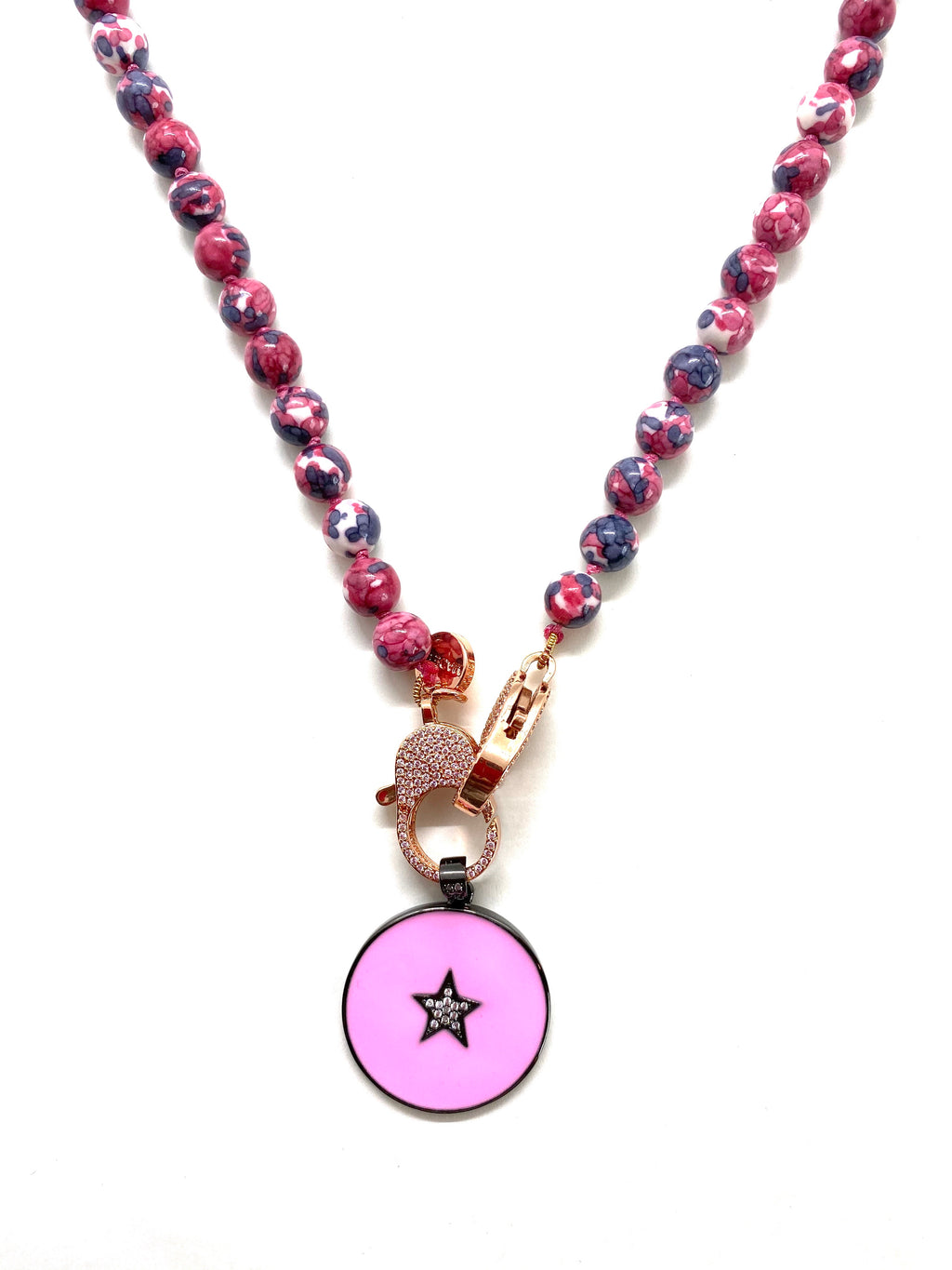 Rose rainbow Gaia necklace, pink circle star pendant, rose gold clips