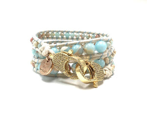 Aqua wrap bracelet, gold clips