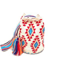 Pompom bag, blue ‘losanges’ red triangles.