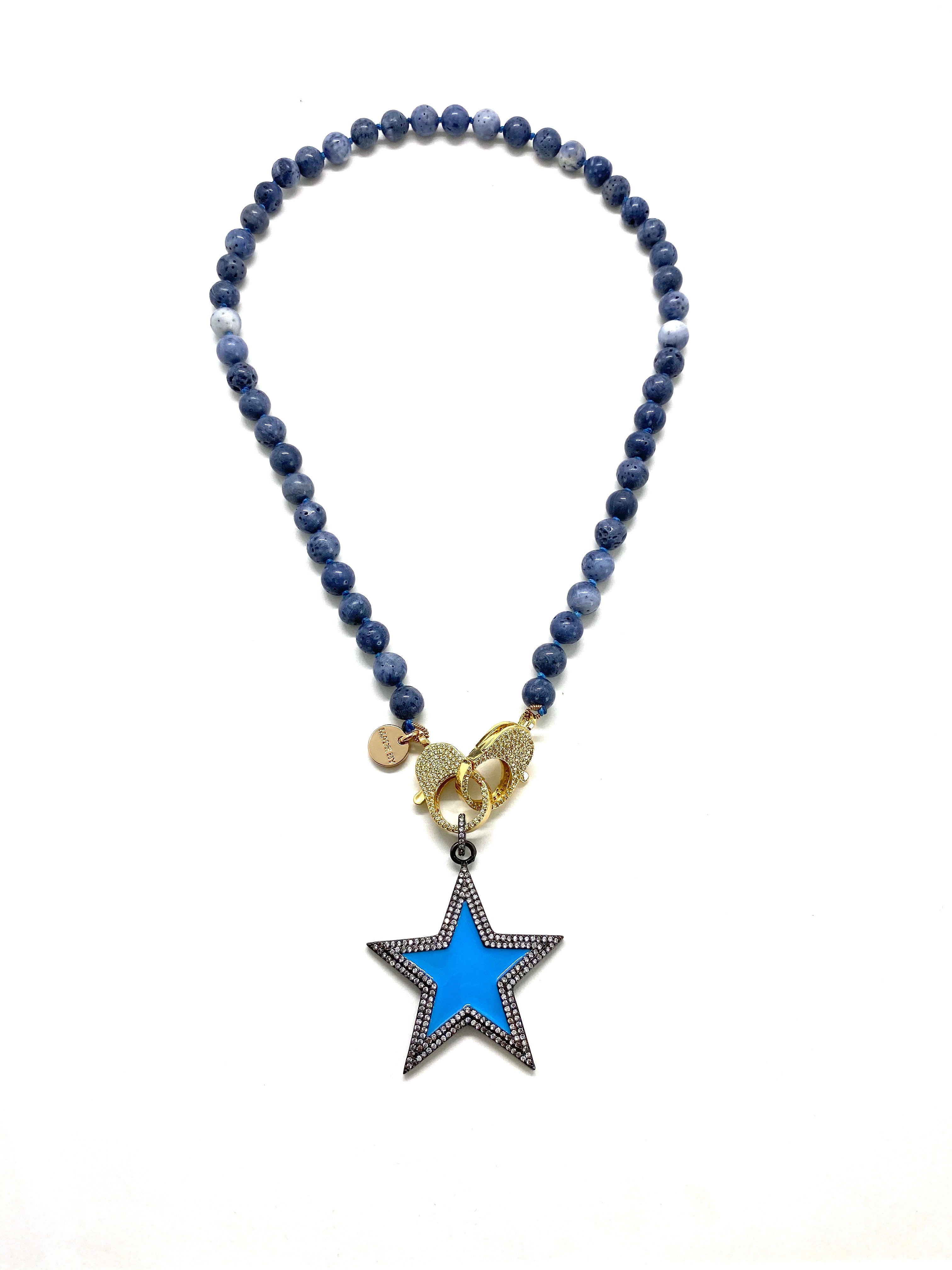 Blue coral Gaia necklace, blue star pendant, gold zirconia clips