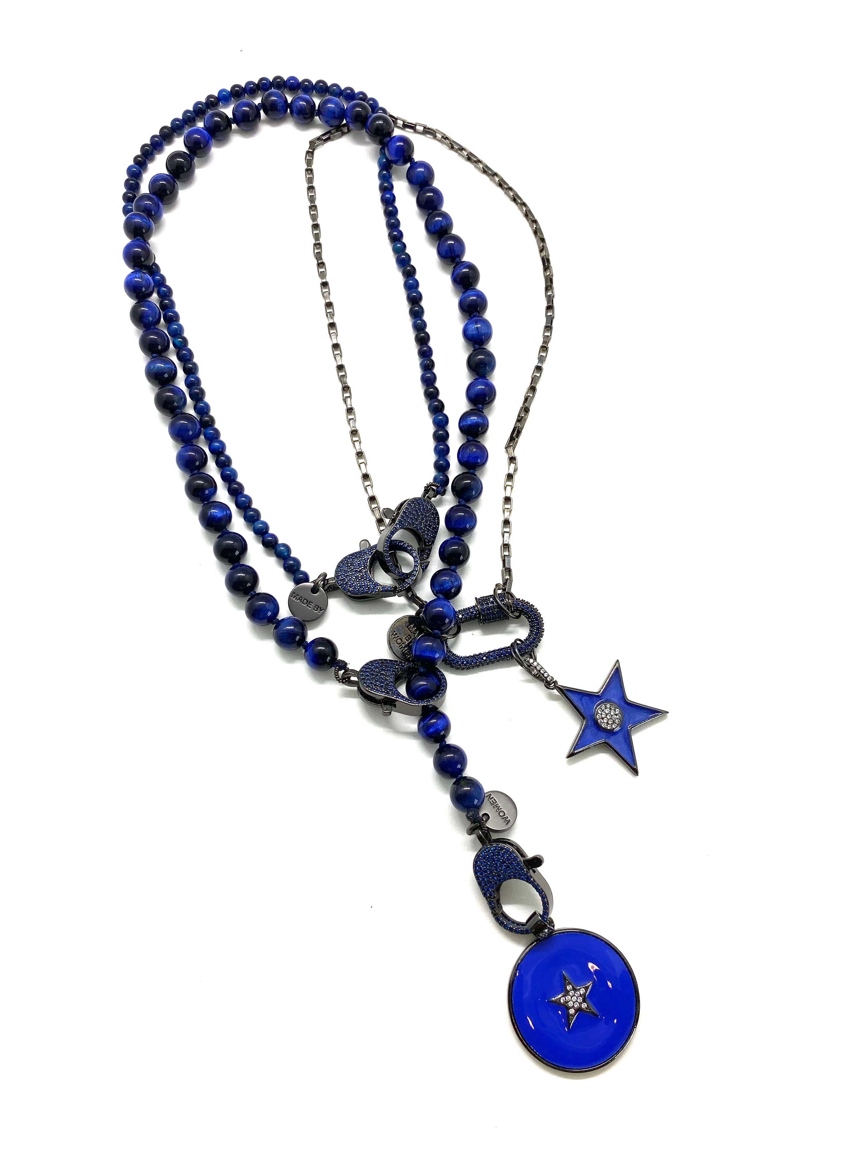 Lapis tiger stone Gaia necklace, round navy star pendant, deep blue zirconia clips