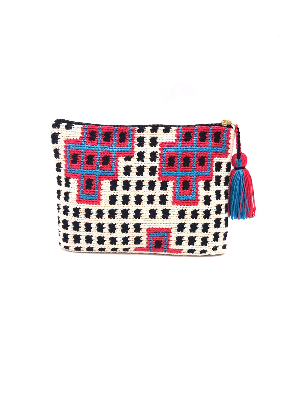 Clutch, polkadot pattern, with red squares and blue sequence.