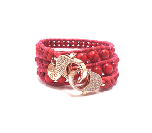 Red stone wrap bracelet, rose gold clips
