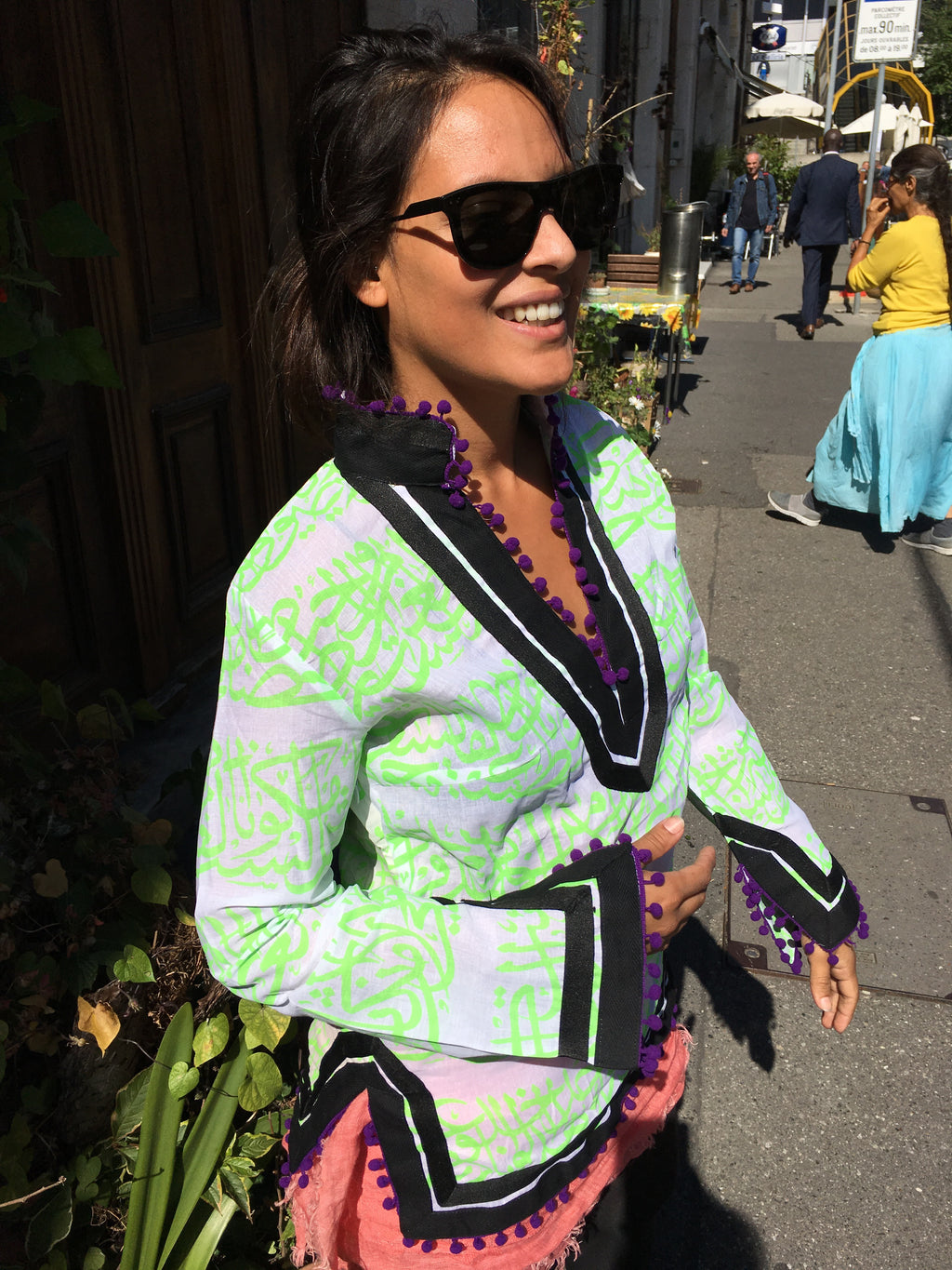 Rumi Tunic, lime print, purple pompoms