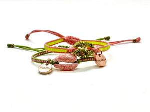 Shell bracelet, glitter green enamel, milky translucent green seed beads and salmon cord