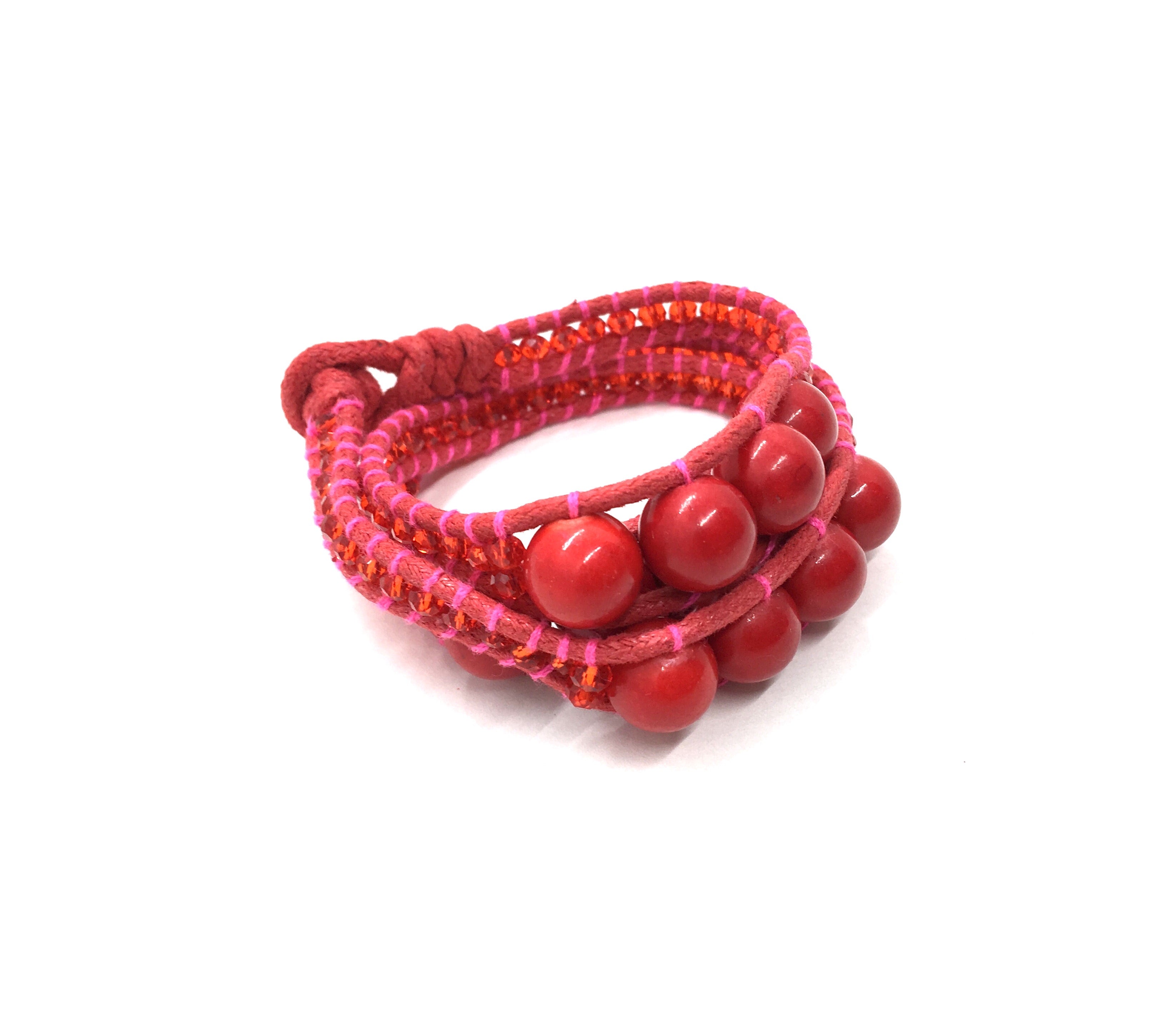 Wrap bracelet red stone, translucent crystal side beads