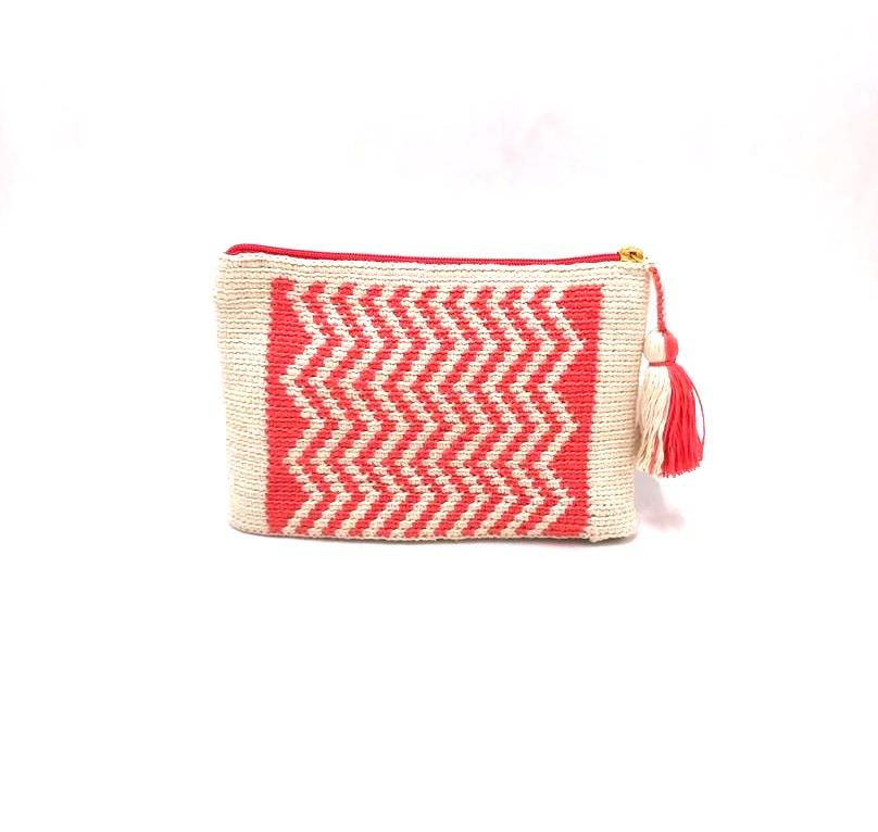 Clutch, Off white body, coloured wave pattern with matching tassel.