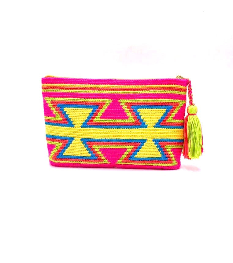 Clutch, Fluo Fuschia body, inverted yellow triangles pattern with yellow sequence and tassel.
