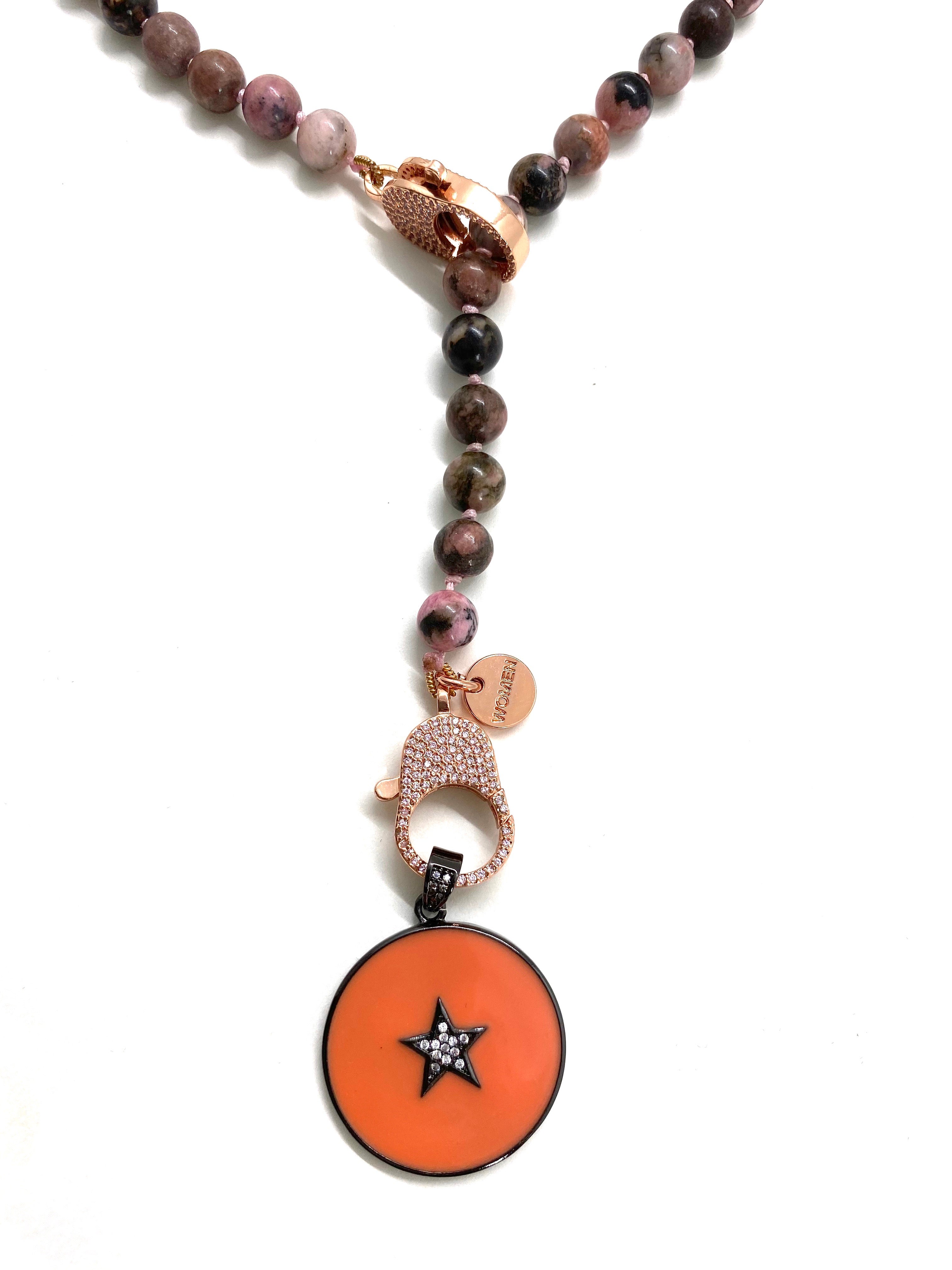 Lace rhodonite Gaia necklace, round orange pendant, rose gold zirconia clips