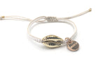 Gold Shell bracelet, white seed beads, offwhite cord