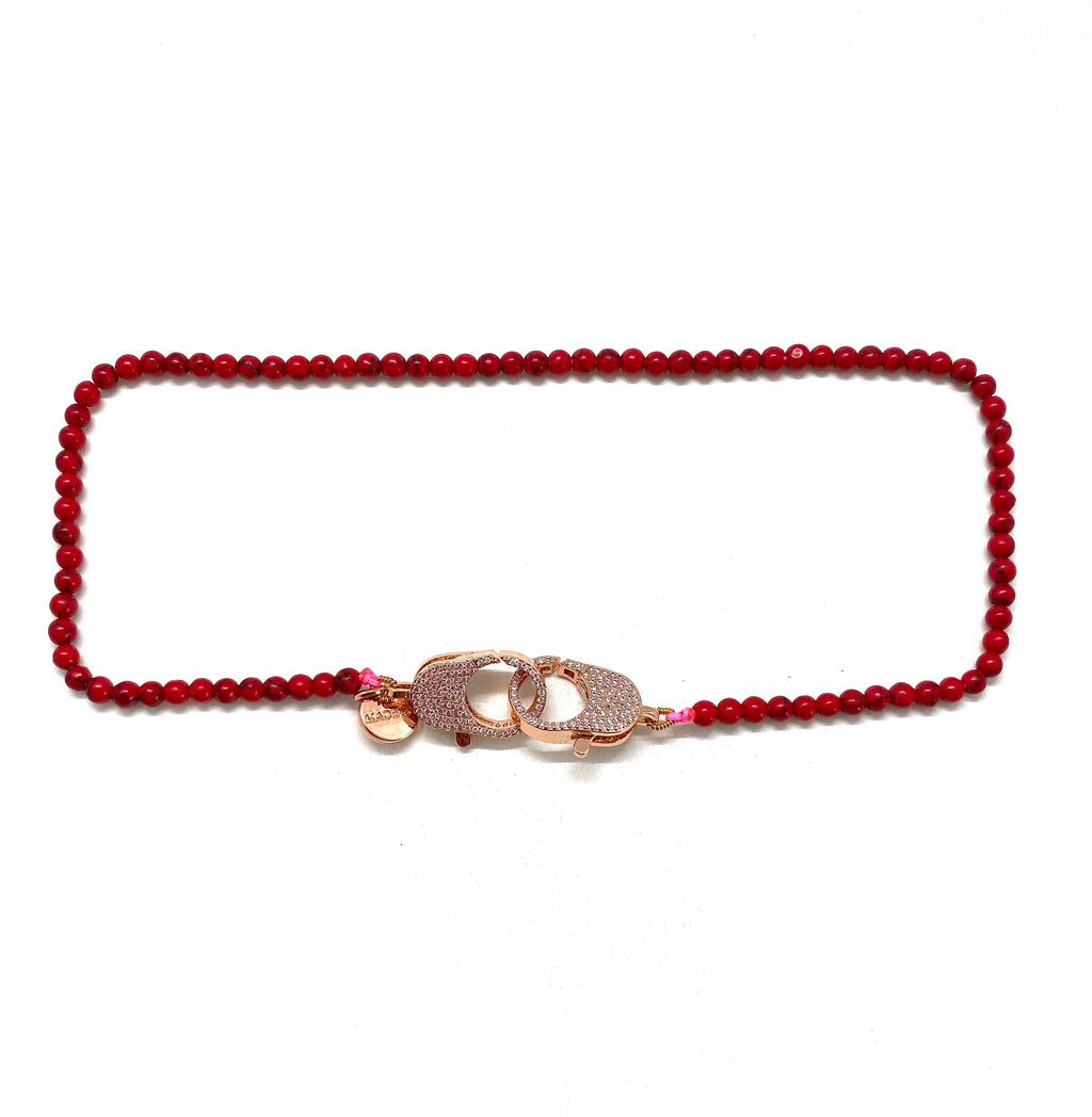 Red Christine necklace, rose gold clips