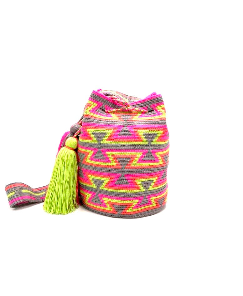 Grey bag, with open inverted triangle pattern in lime green, orange and fluorescent pink, with strap and 2 tassels