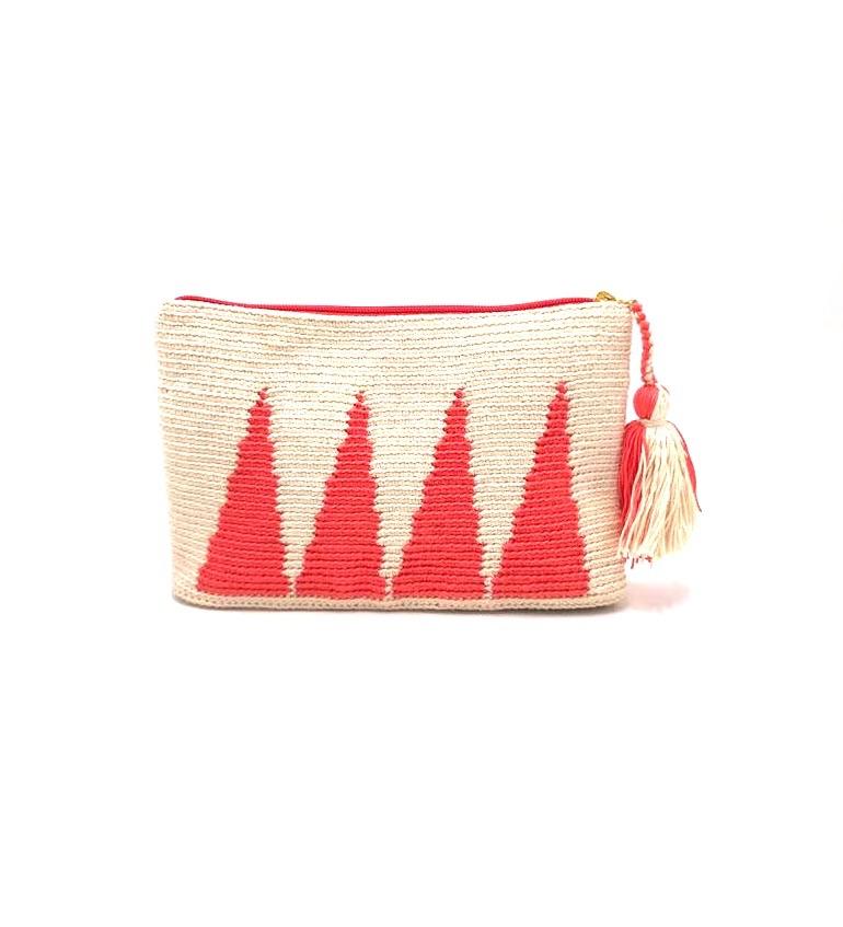 Clutch, Off white body, coloured standing pyramids with tassel.