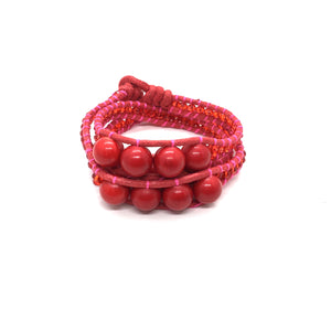 Wrap bracelet red stone, translucent crystal side beads