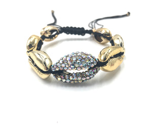 Gold shell bracelet, with Swarovski studded central shell, and black cord