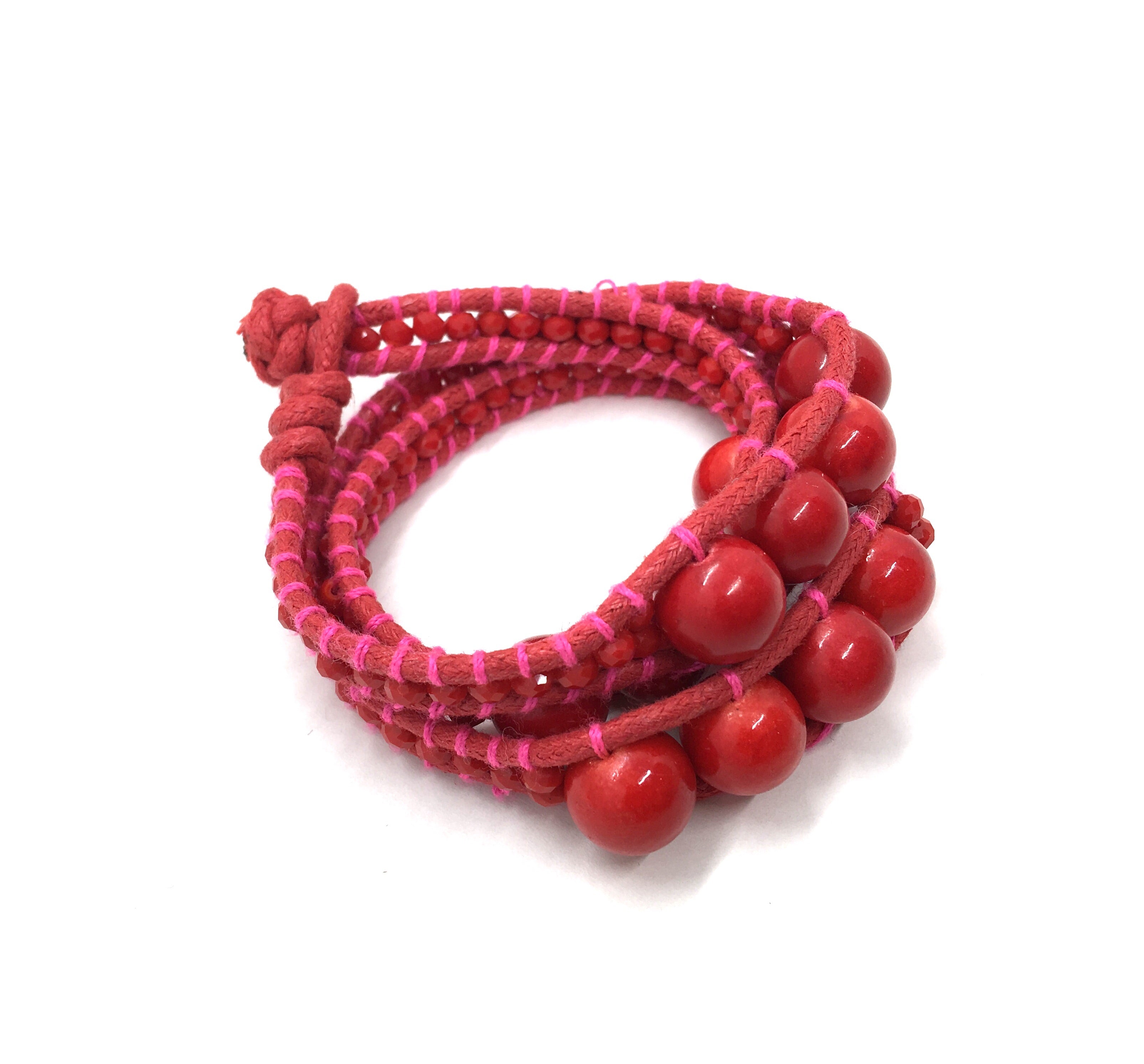 I love Syria - Triple Wrap around - big red stone - red cord - pink thread