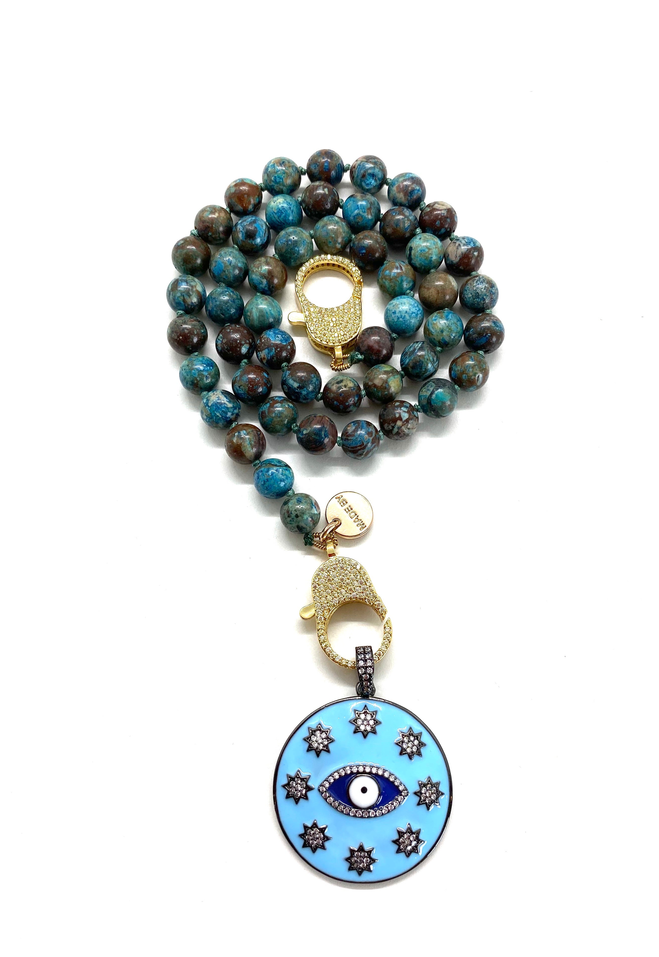 Blue crazy lace agate Gaia necklace, gold zirconia clips