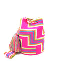 Pompom bag, fuchsia stairs.