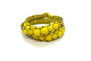 Wraparound yellow bead bracelet, yellow cord and yellow mustard swarovski crystal side bead.