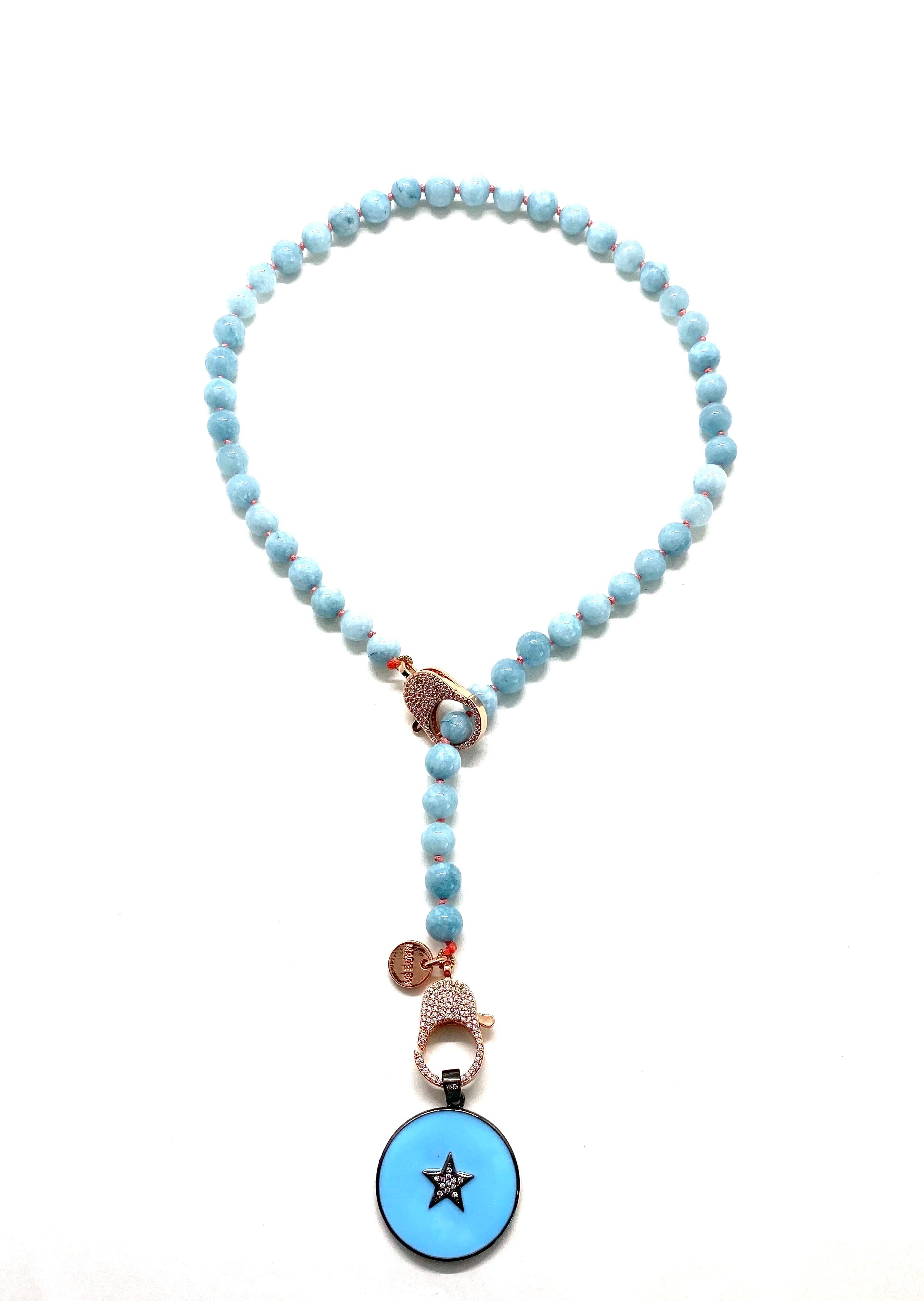 Blue jade Gaia necklace, blue sta pendant, rose gold clips