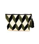 3D pattern clutch, cream body, dark green and black faceted cube with tassel