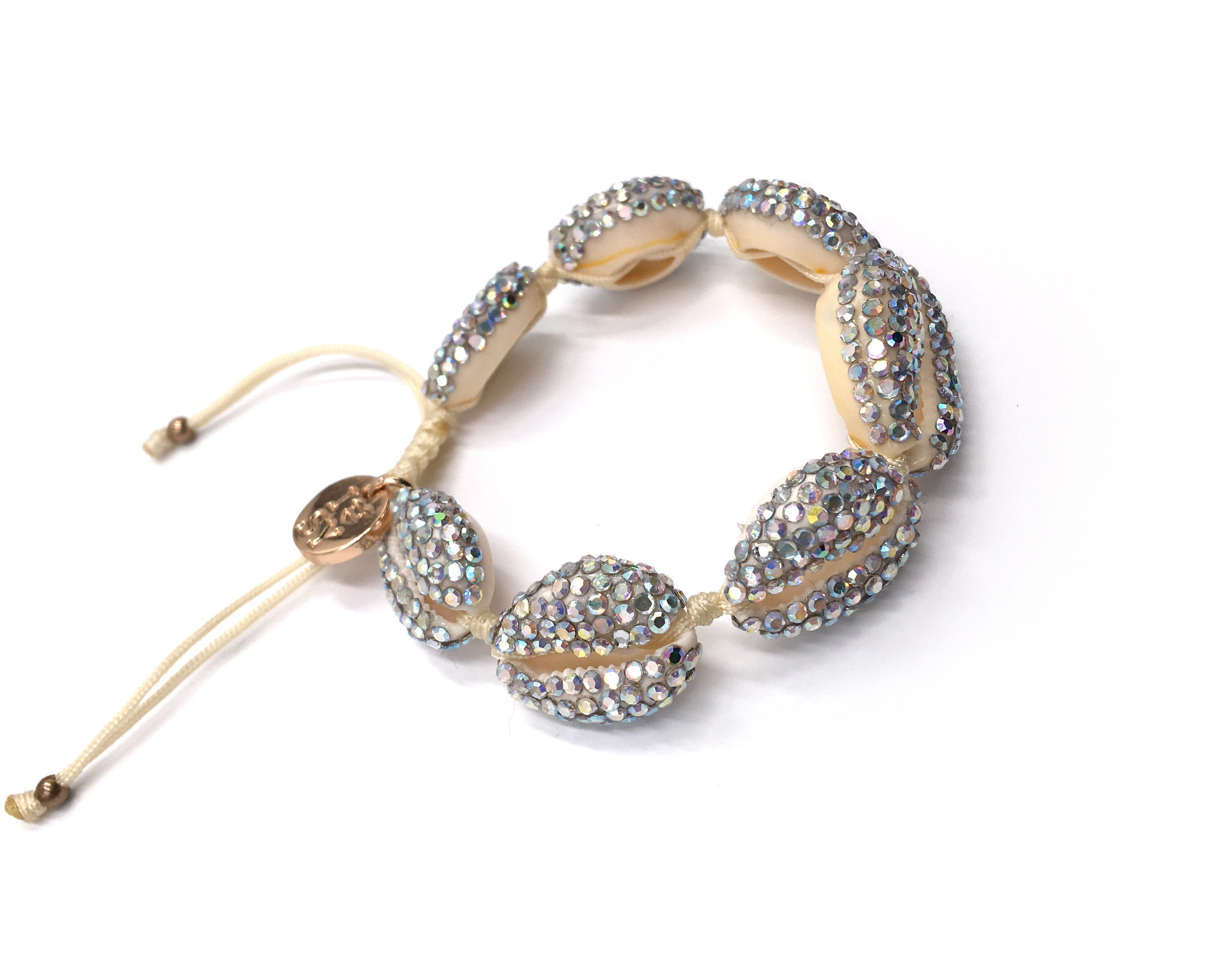 Natural shell bracelet, AB Swarovski crystals studded, and cream cord