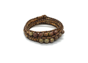 Wraparound bracelet jasper stone, light brown semi precious side bead, brown cord black thread.