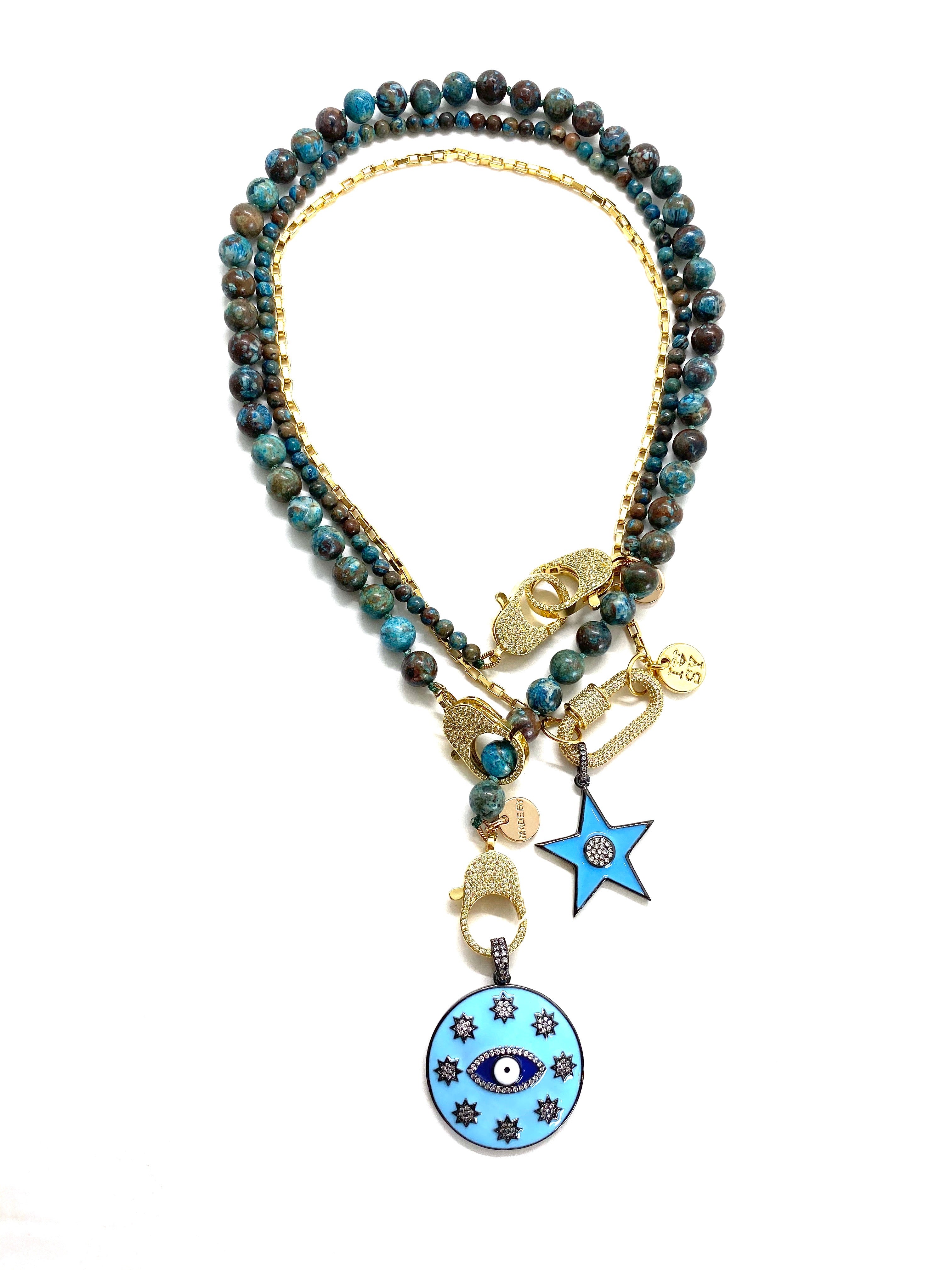 Blue crazy lace agate Gaia necklace, gold zirconia clips