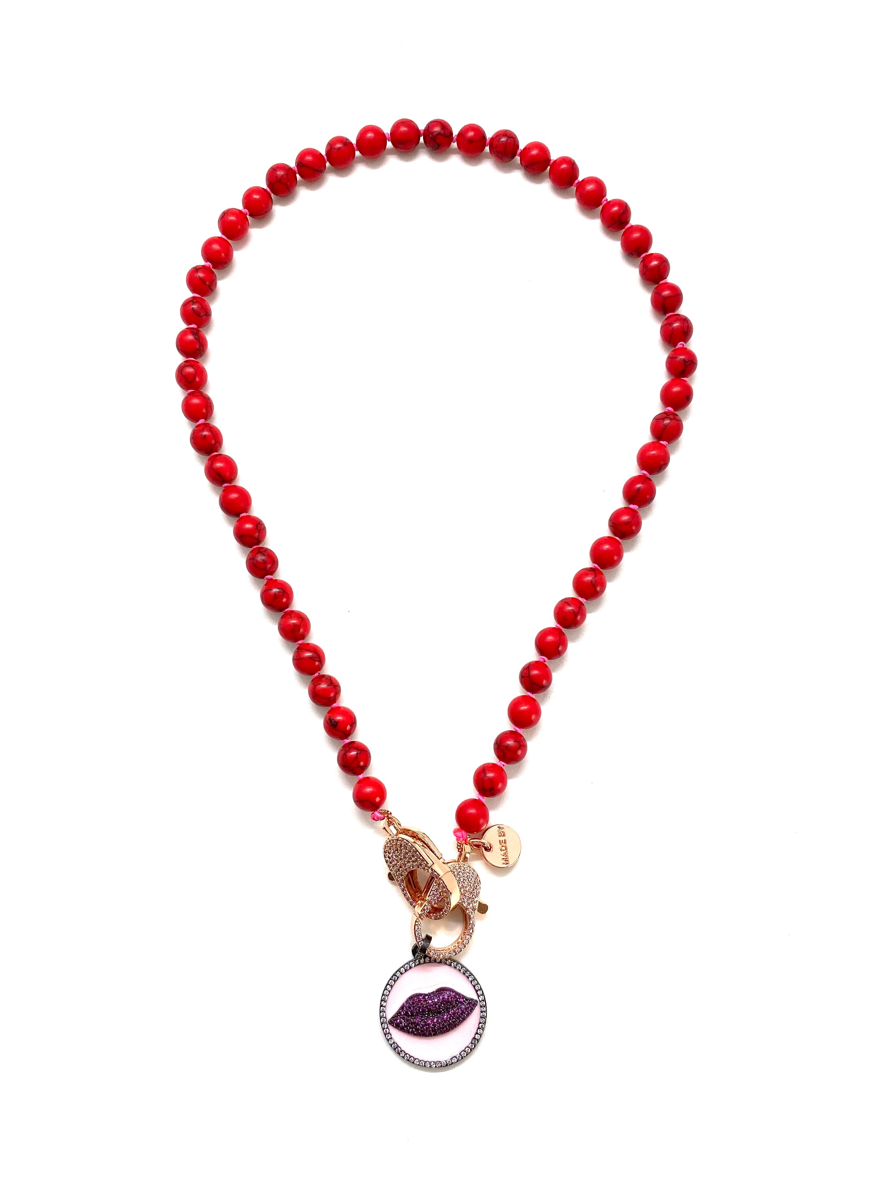 Red stone Gaia necklace, red lips pendant, gold zirconia clips