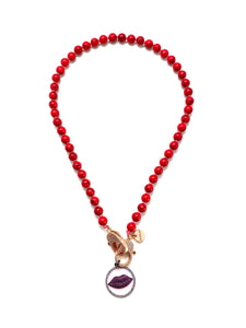 Red stone Gaia necklace, red lips pendant, gold zirconia clips