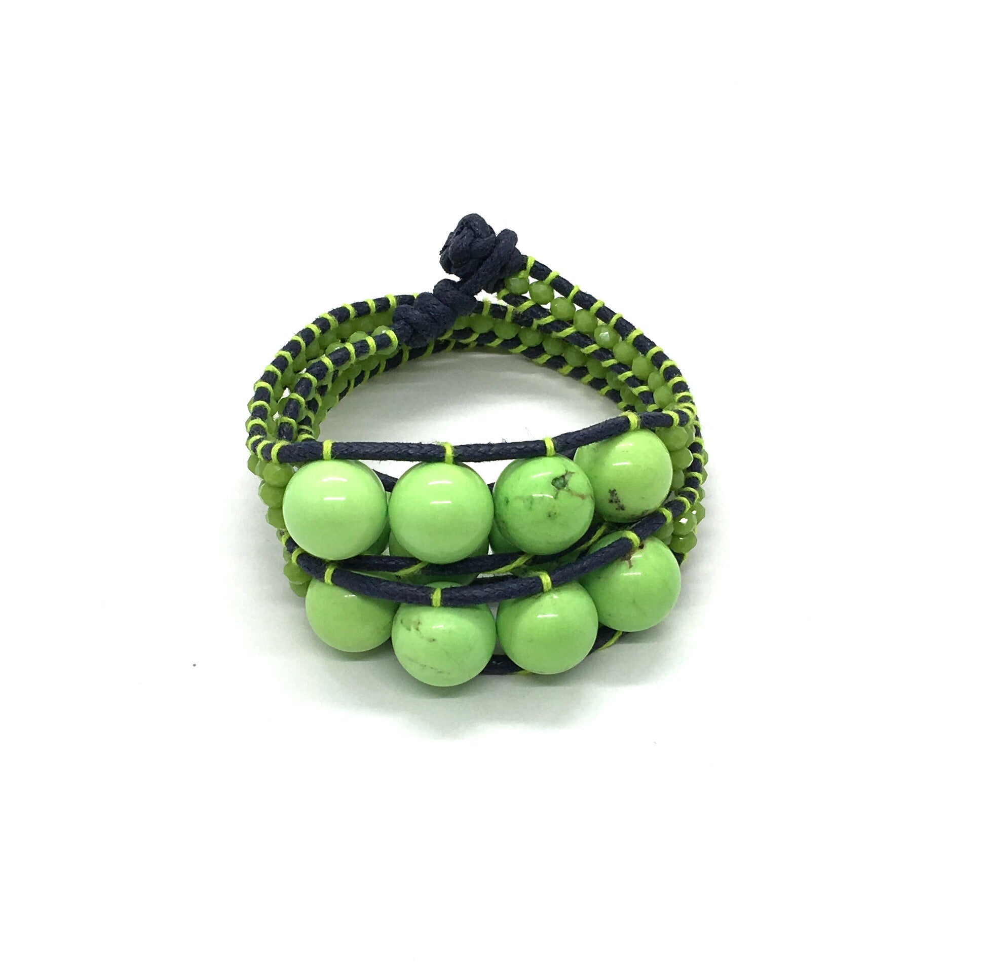 I love Syria - Triple Wrap around - big green stone - black cord - green thread