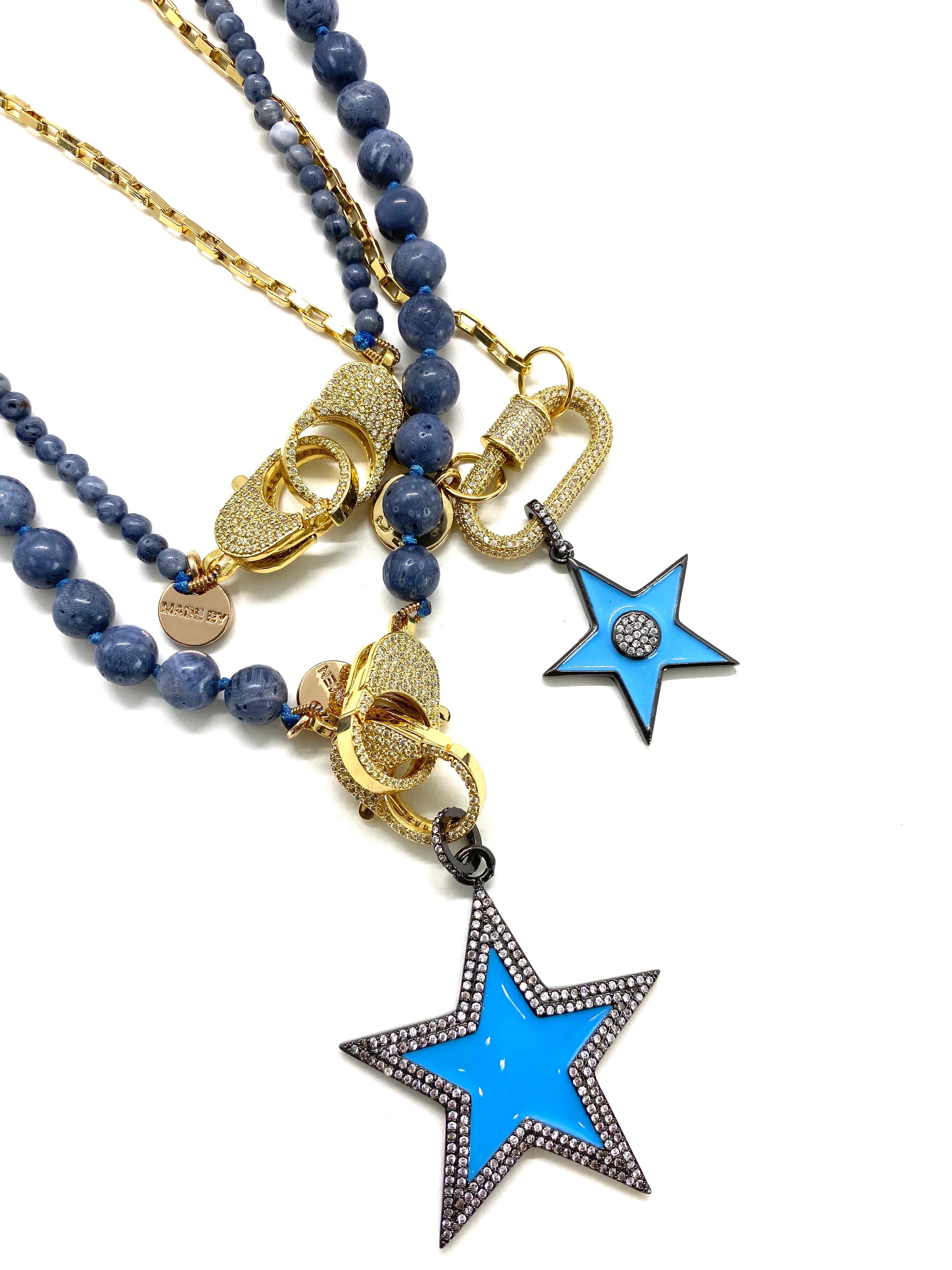 Blue coral Gaia necklace, blue star pendant, gold zirconia clips