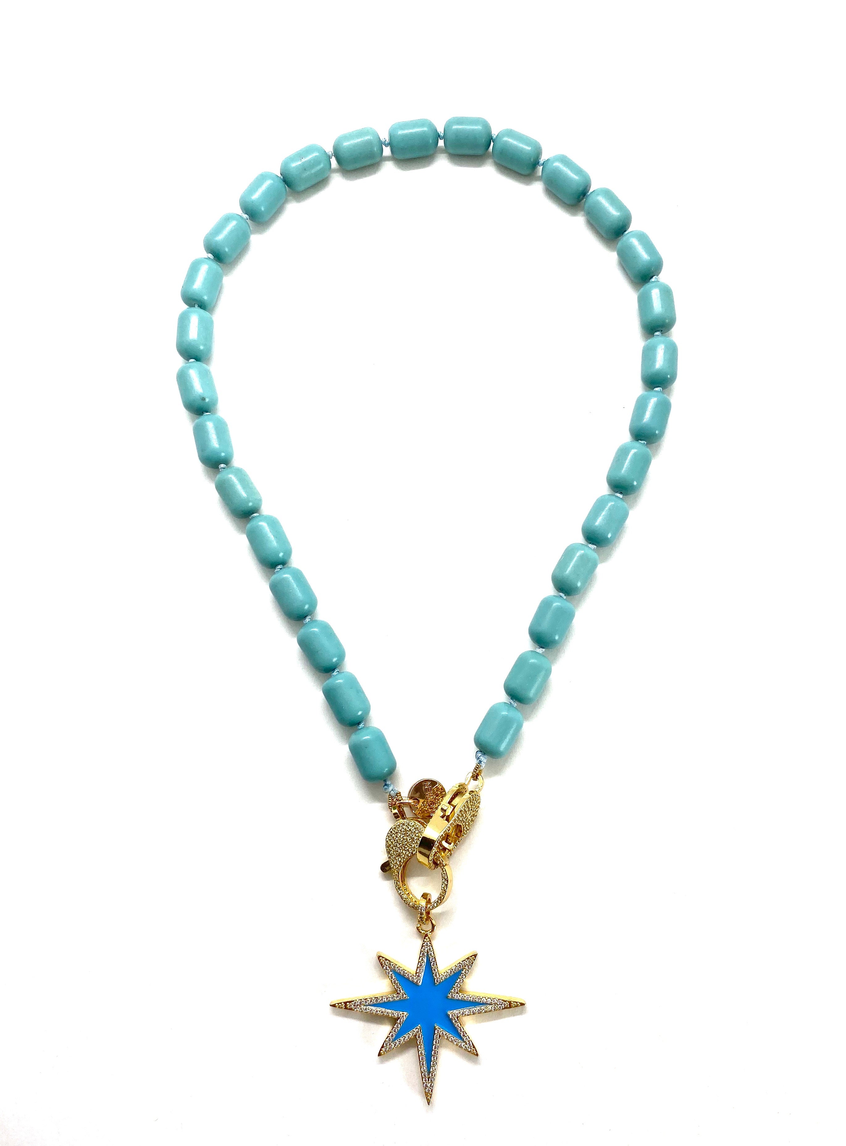 Turquoise Gaia necklace, blue star pendant, gold zirconia clips