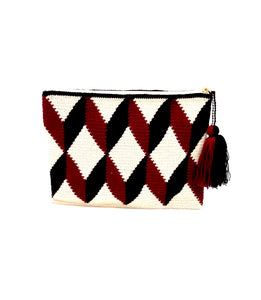 3D pattern clutch, cream body, burgundy and black faceted cube with tassel.