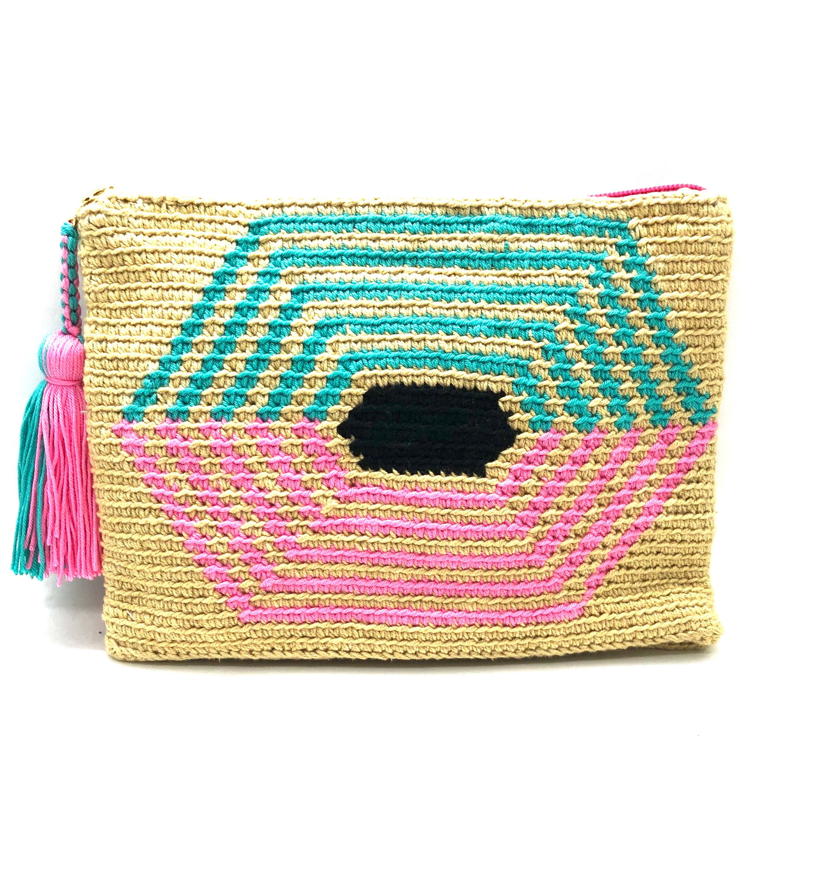 Honeycomb clutch, beige body turquoise and pink sequence with tassel.