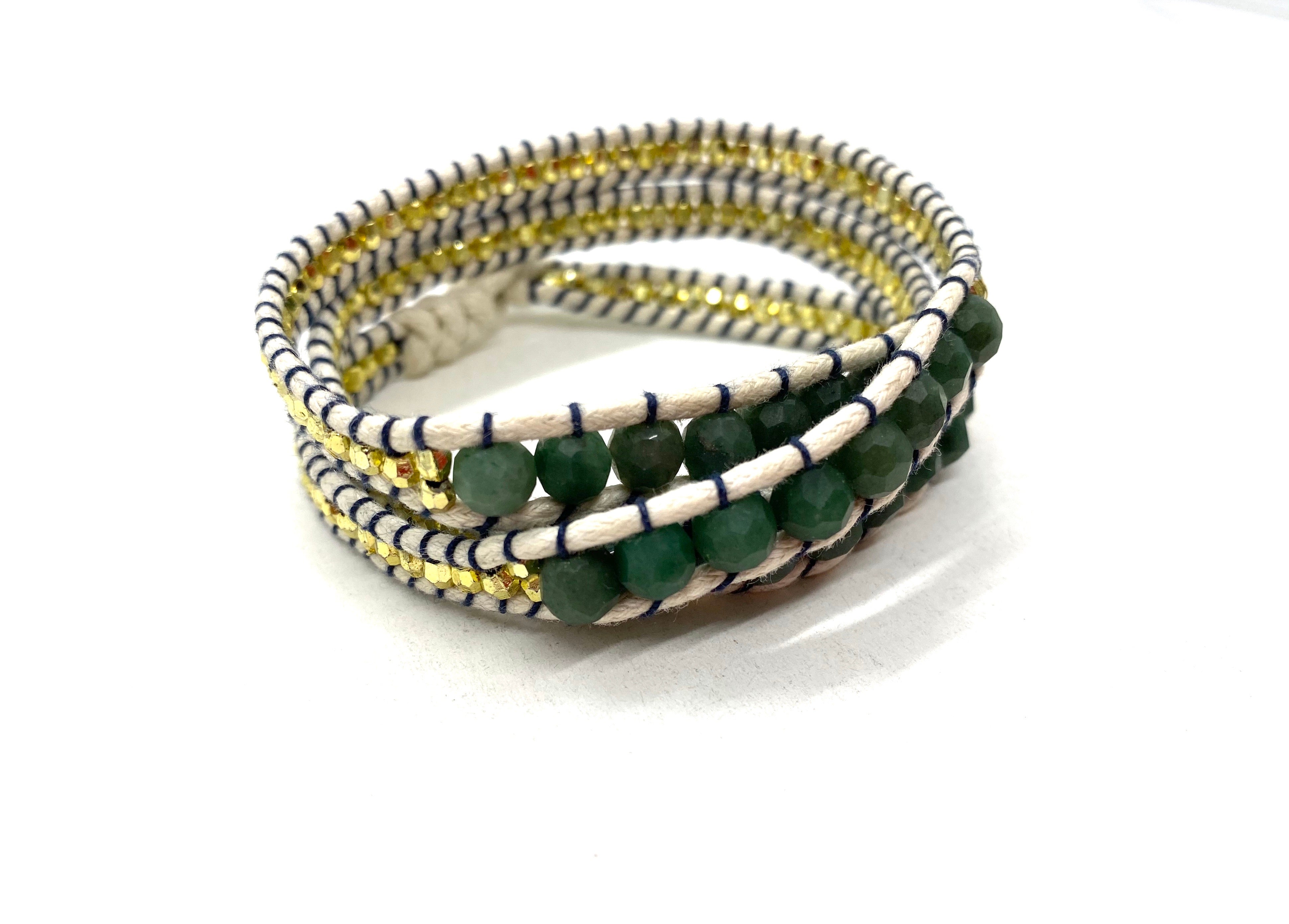 Wraparound Matt green stone bracelet, beige cord gold resin side bead on black thread
