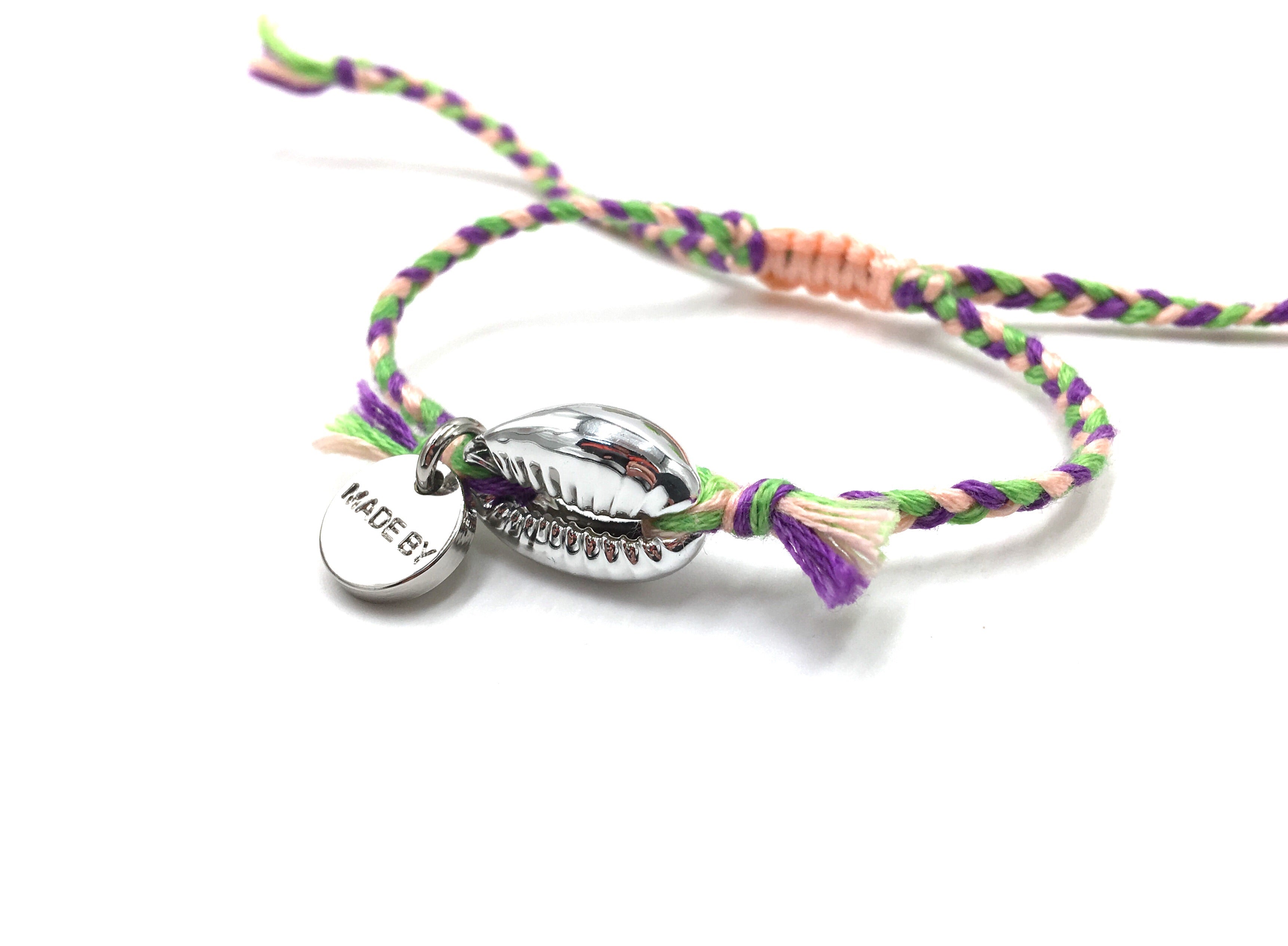 Silver shell bracelet, light pink, purple and grass green ‘cotton perlé’ braided cord