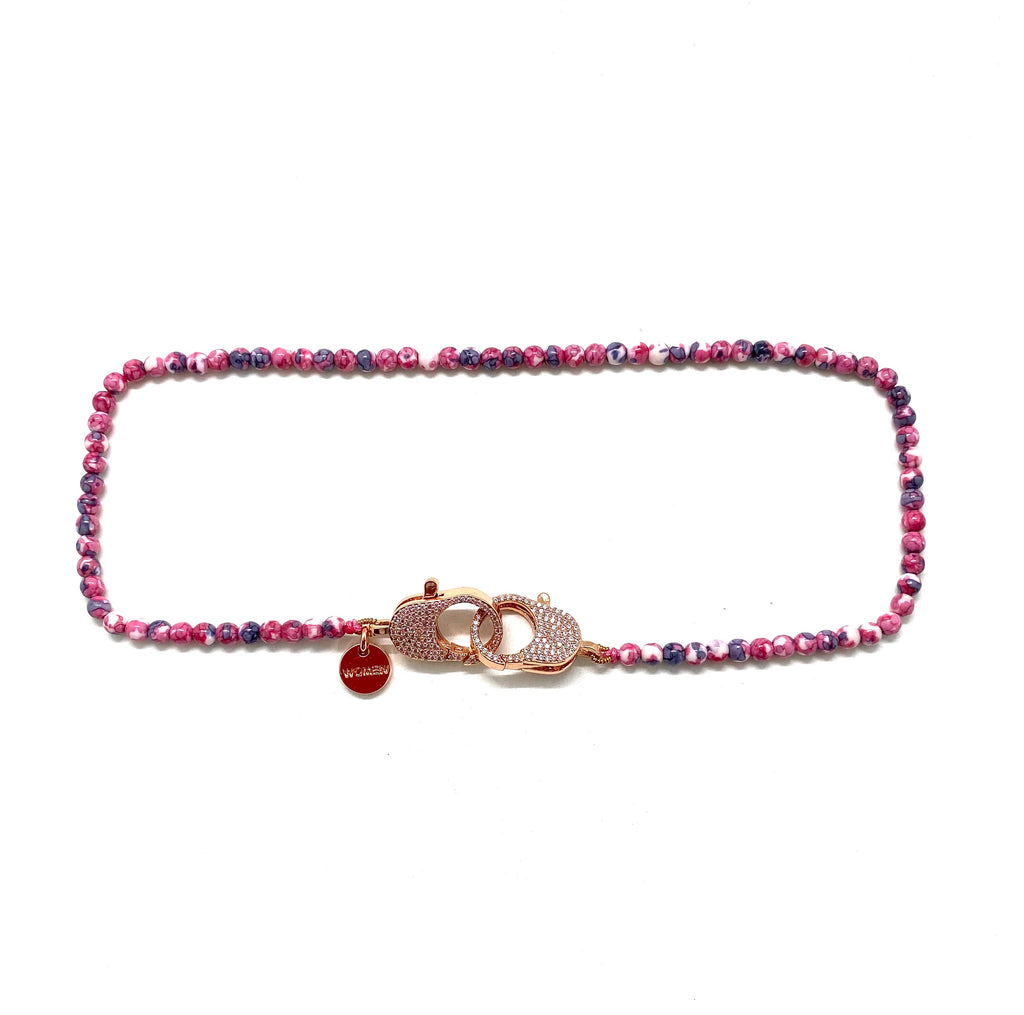 Clip to impact red rainbow Christine necklace, rose gold clips.