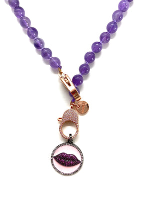 Amethyst Gaia necklace, red lips pendant, gold zirconia clips