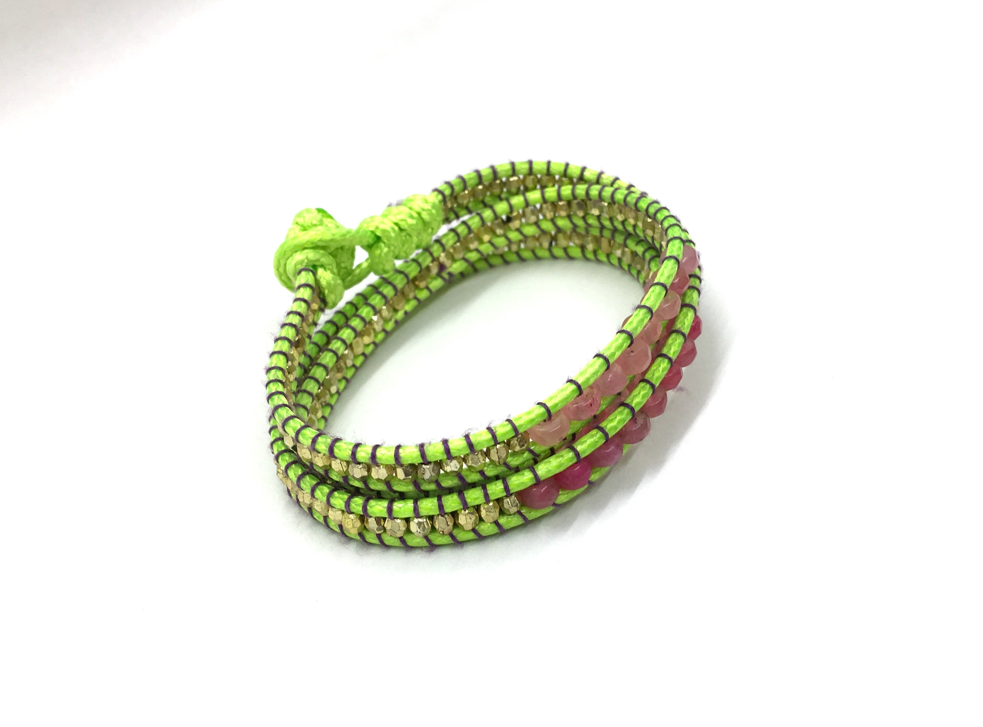 Wraparound pink garnet stone, fluo green cord and girls resin bead bracelet.
