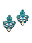 Evil eye earings, green and dark blue, crystal droplet.