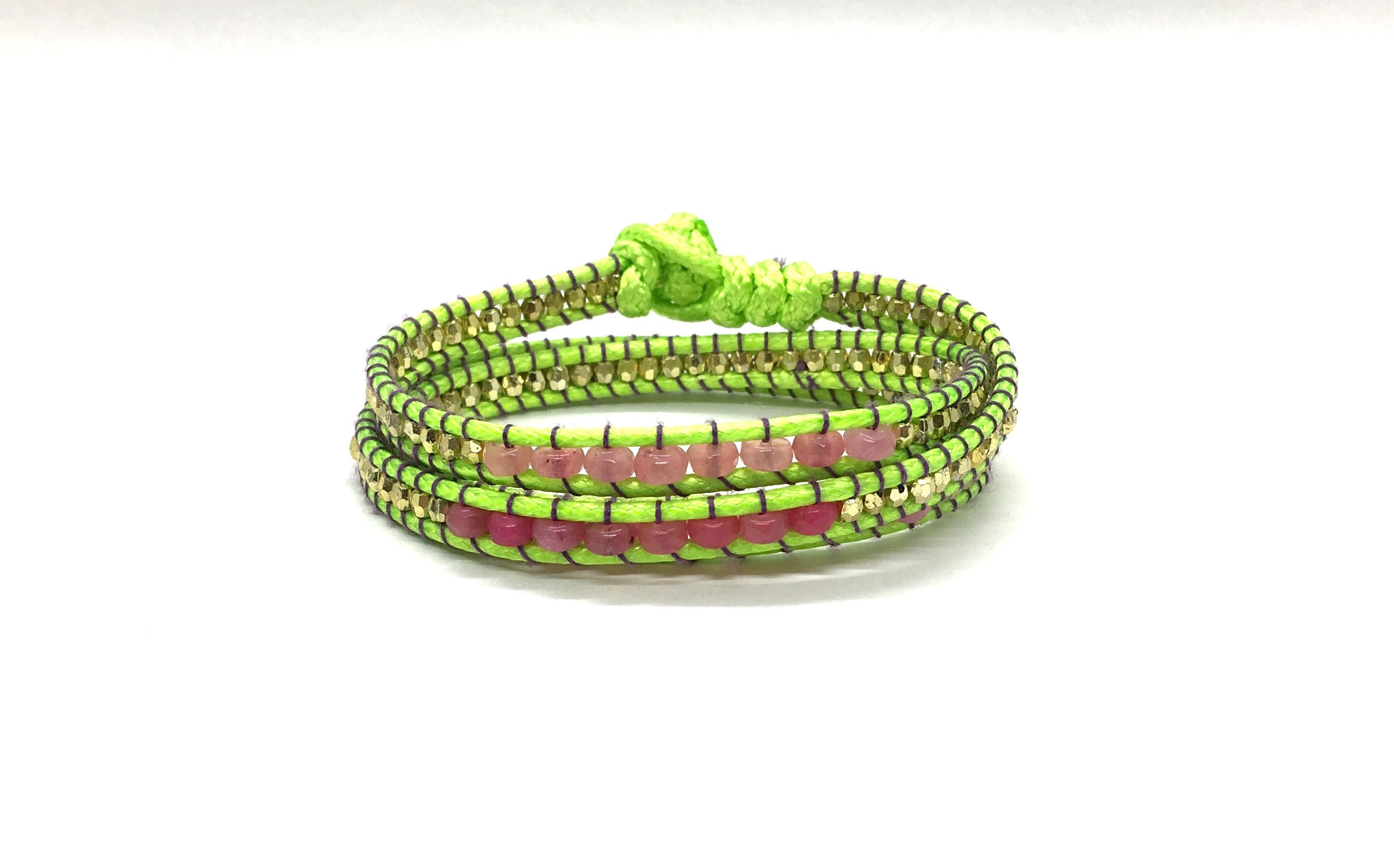 Wraparound pink garnet stone, fluo green cord and girls resin bead bracelet.