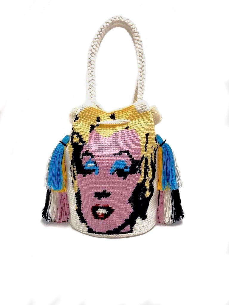 Pop art Marilyn bag, white body, quadruple tassel.