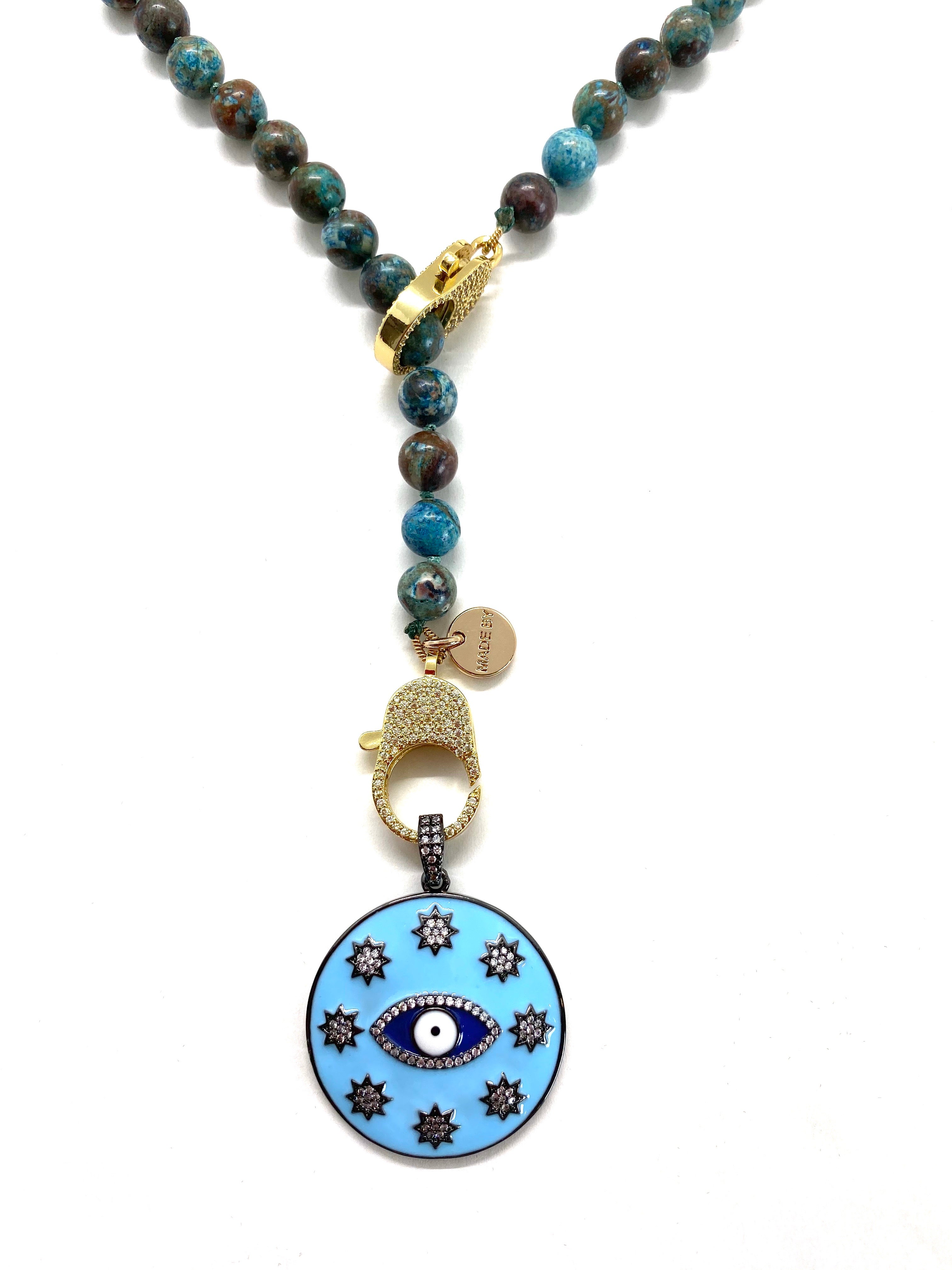 Blue crazy lace agate Gaia necklace, gold zirconia clips