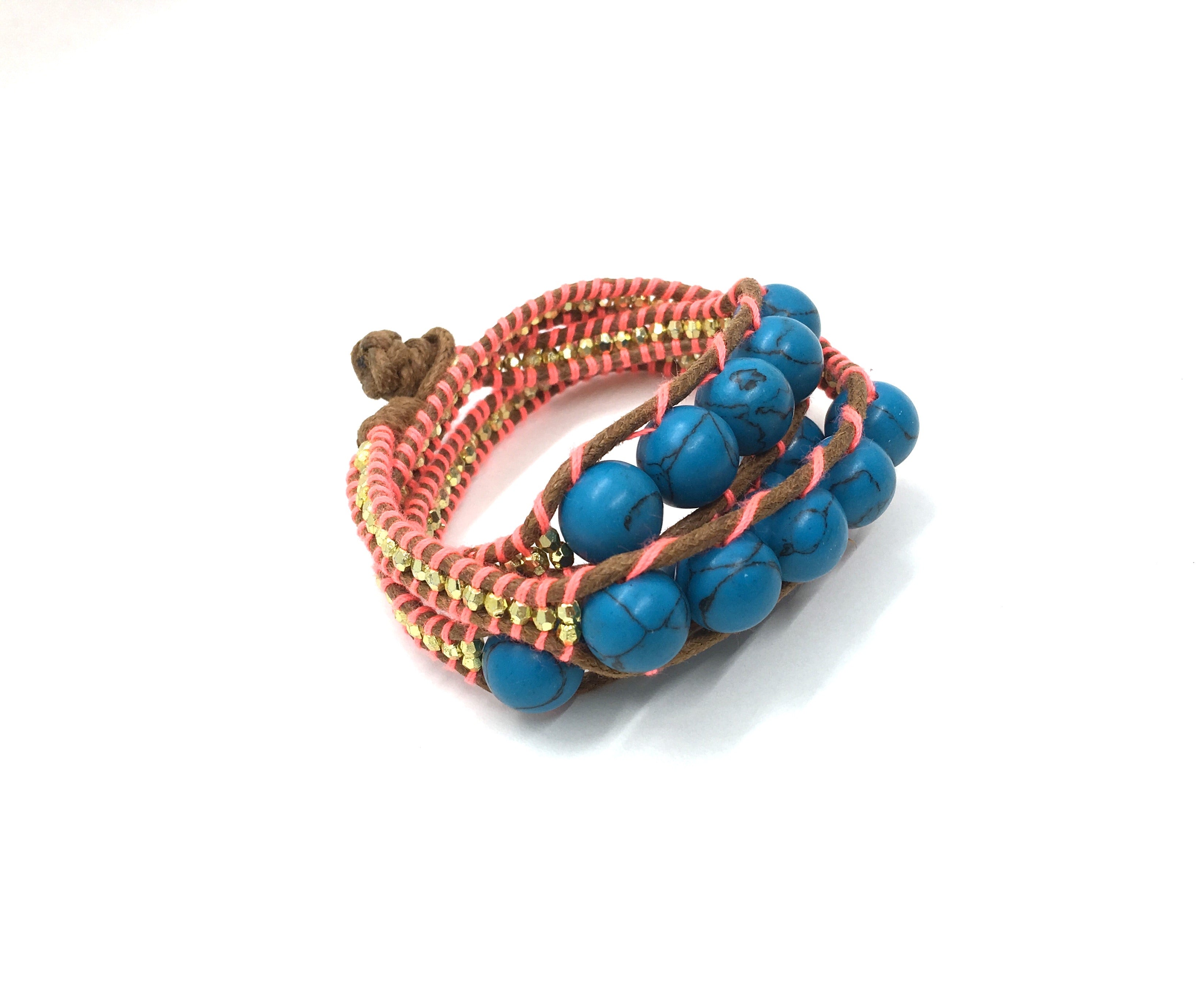 Wraparound Bracelet marbled Blue stone, gold resin side beads, brown cord fluo coral thread.